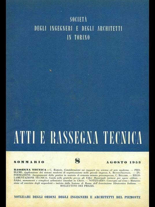 Atti e rassegna tecnica n. 8/agosto 1953 - copertina