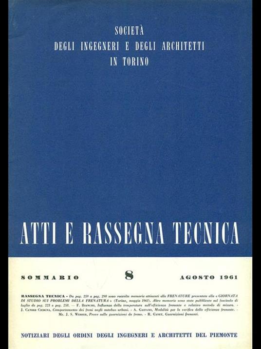 Atti e rassegna tecnica n. 8/agosto 1961 - copertina