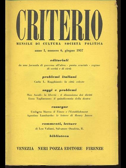 Criterio anno I numero 6 giugno 1957 - copertina