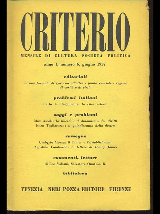 Criterio anno I numero 6 giugno 1957 - copertina