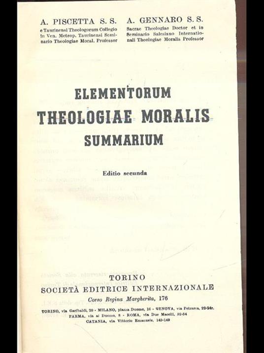 Elementorum Theologiae Moralis Summarium - Piscetta,Gennaro - copertina