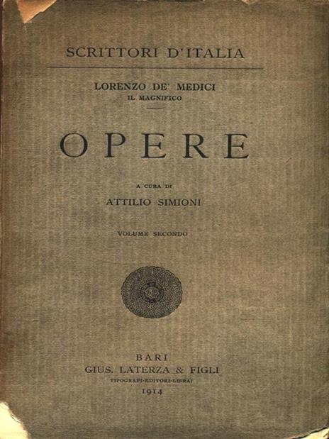 Opere. Volume 2 - Lorenzo de' Medici - copertina
