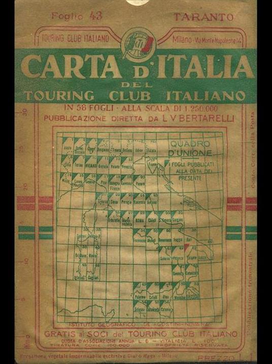 Carta d'Italia del Touring Club Italiano foglio n. 43: Taranto - Luigi V. Bertarelli - copertina