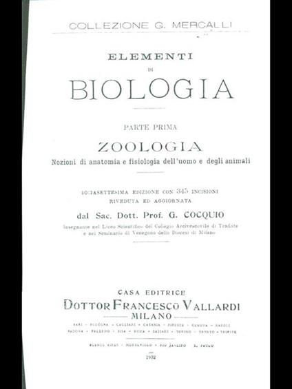 Elementi di biologia. Parte prima zoologia - copertina