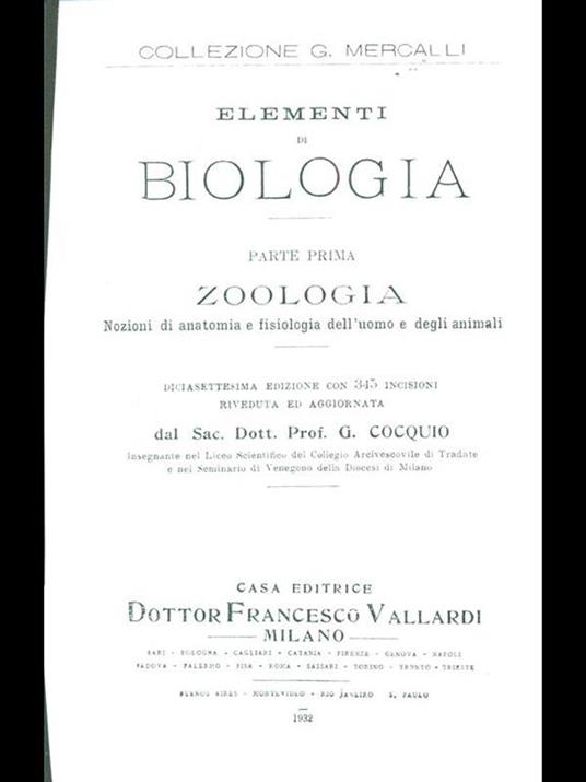 Elementi di biologia. Parte prima zoologia - copertina