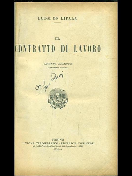Il contratto di lavoro - Luigi De Litala - copertina