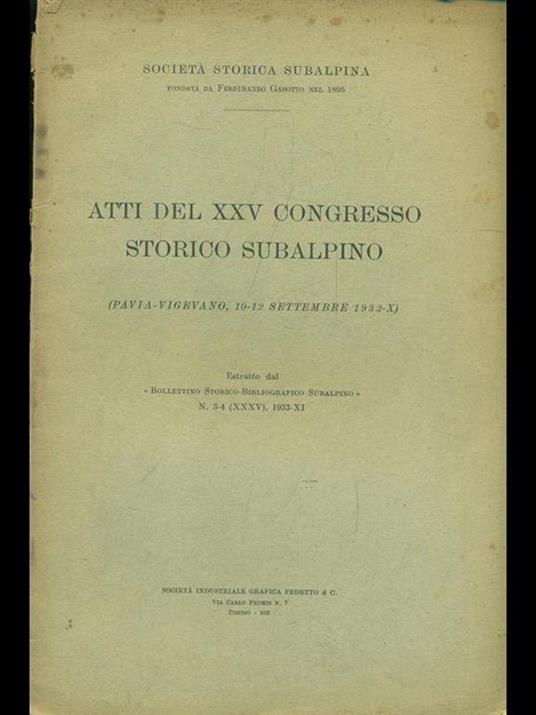 Atti del XXV Congresso storico subalpino. Estratto - copertina