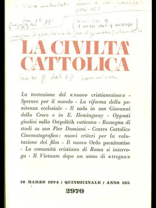 La civiltà cattolica. 16 marzo 1974. Volume I - copertina