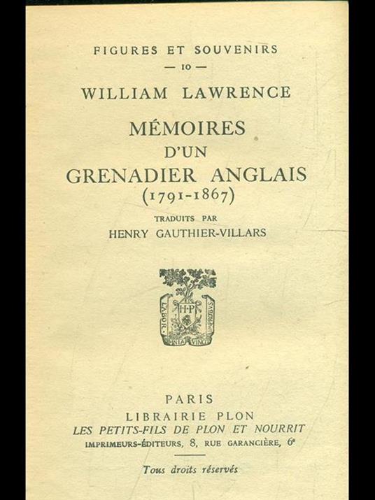 Memoires d'un grenadier anglais 1791-1867 - William Lawrence - copertina
