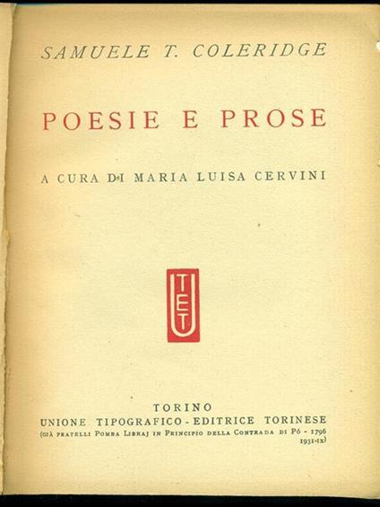Poesie e prose - Samuel T. Coleridge - copertina