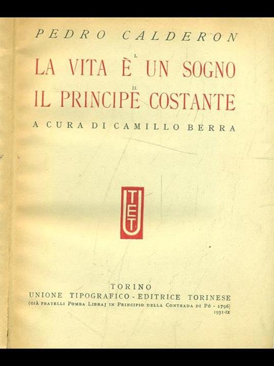 La vita é un sogno/Il principe costante - Pedro Calderón de la Barca - copertina
