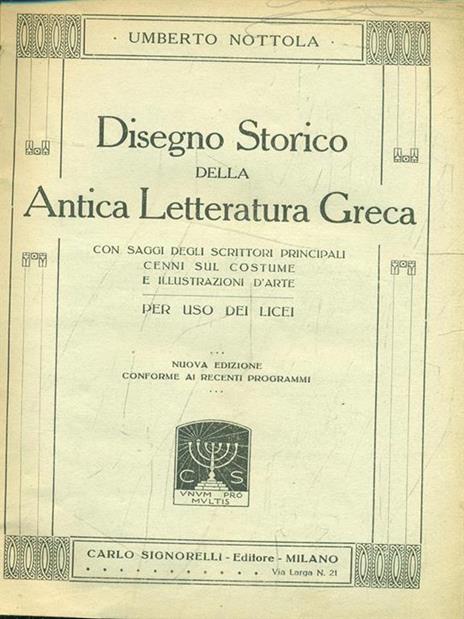 Disegno storico della Antica Letteratura Greca - Umberto Nottola - copertina
