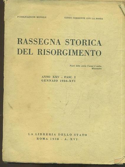 Rassegna storica del Risorgimento anno XXVfasc. I gennaio 1938 - copertina