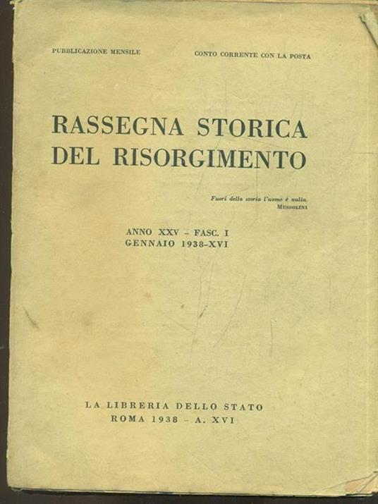 Rassegna storica del Risorgimento anno XXVfasc. I gennaio 1938 - copertina