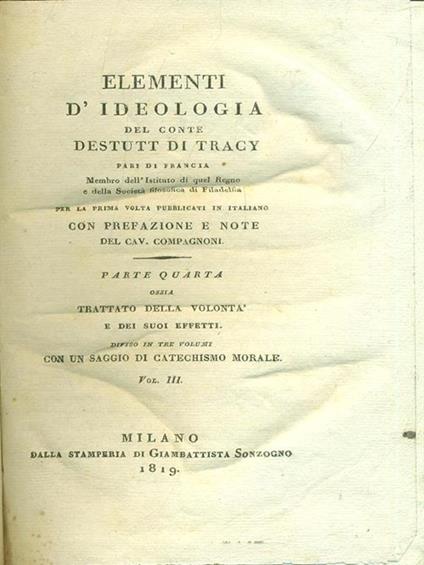 Elementi d'ideologia. Vol. III/Volontà. Parte Quarta - Tracy - copertina