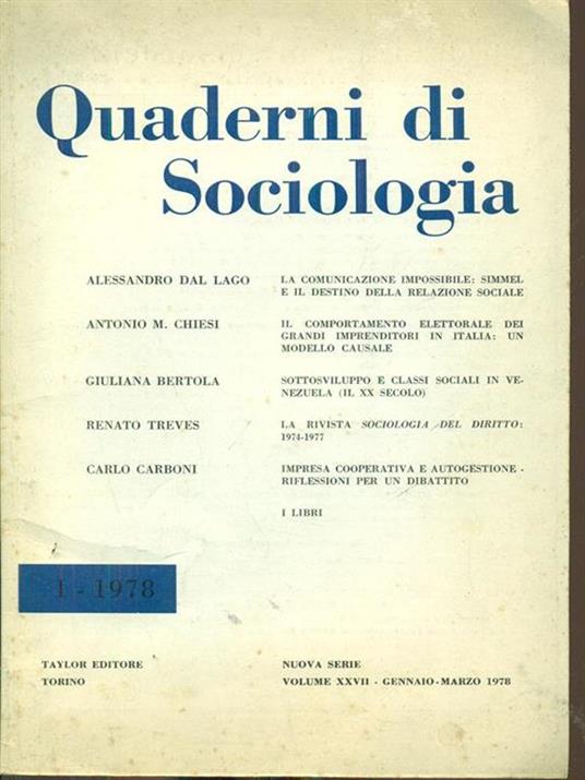 Quaderni di sociologia. Vol. XXVII /1- 1978 - copertina
