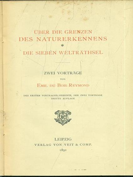 Uber Die Grenzen des naturerkennens - copertina
