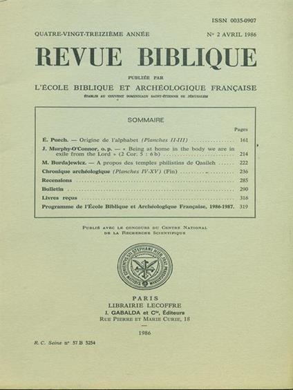 Revue Biblioque n. 2 / Avril 1986 - copertina