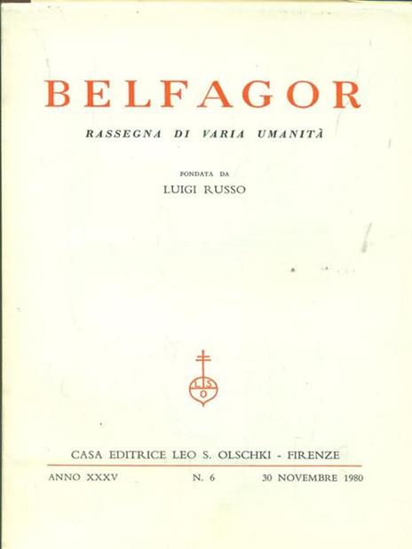 Belfagor anno XXXV n 6 / 30 novembre 1980 - copertina