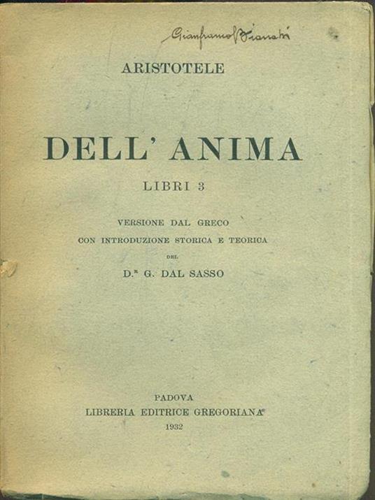 Dell'anima. Libri 3 - Aristotele - copertina