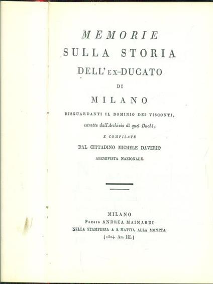 Memorie sulla storia dell'Ex-Ducato di Milano - copertina