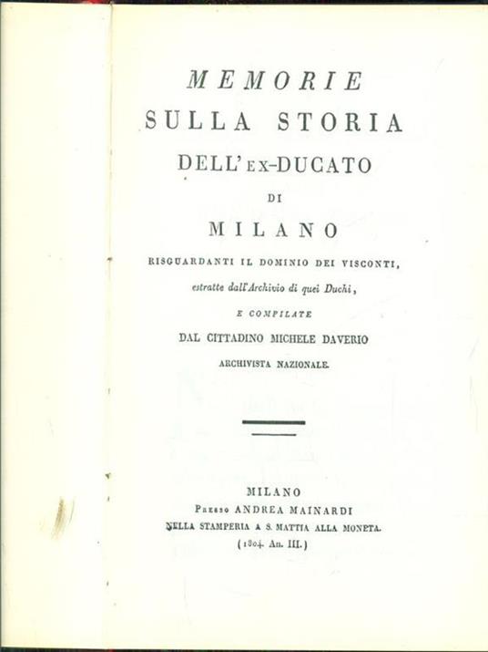 Memorie sulla storia dell'Ex-Ducato di Milano - copertina