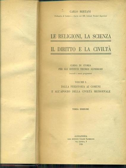 Le religioni la scienza il diritto e la civiltà. Vol. I - Carlo Bertani - copertina