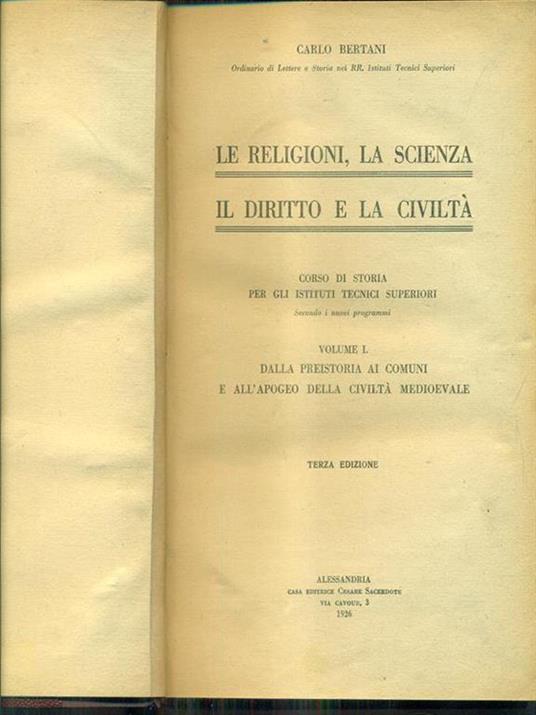 Le religioni la scienza il diritto e la civiltà. Vol. I - Carlo Bertani - copertina