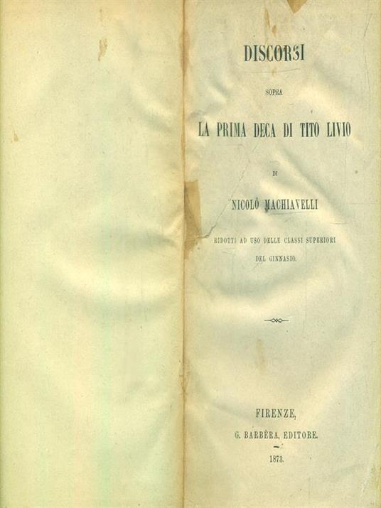 Discorsi sopra la prima deca di tito Livio - Nicolo Machiavelli - copertina