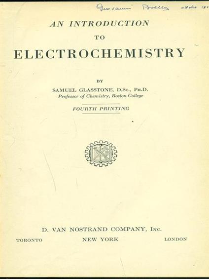 An introduction to electrochemistry - Samuel Glasstone - copertina