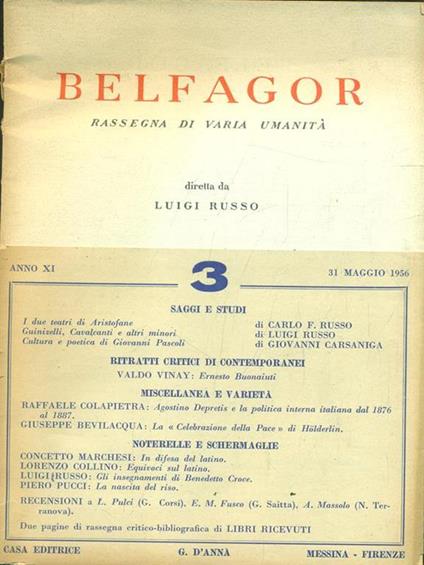 Belfagor Anno XI n. 3/31 Maggio 1956 - copertina