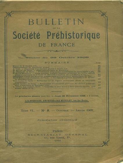 Bulletin de la Société Préhistorique de France. Tome VI N. 8. Octobre 1909 - copertina