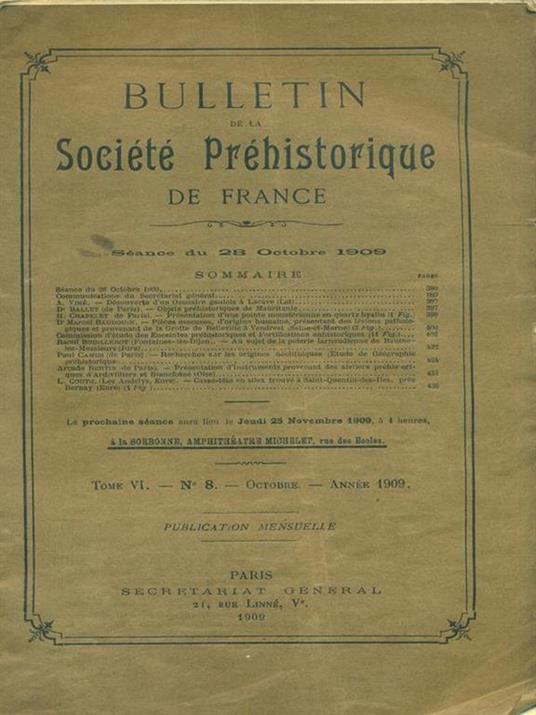 Bulletin de la Société Préhistorique de France. Tome VI N. 8. Octobre 1909 - copertina