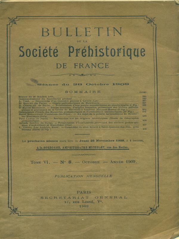 Bulletin de la Société Préhistorique de France. Tome VI N. 8. Octobre 1909