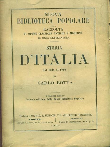 Storia d'Italia dal 1534 al 1789 volume sesto - Carlo Botta - copertina