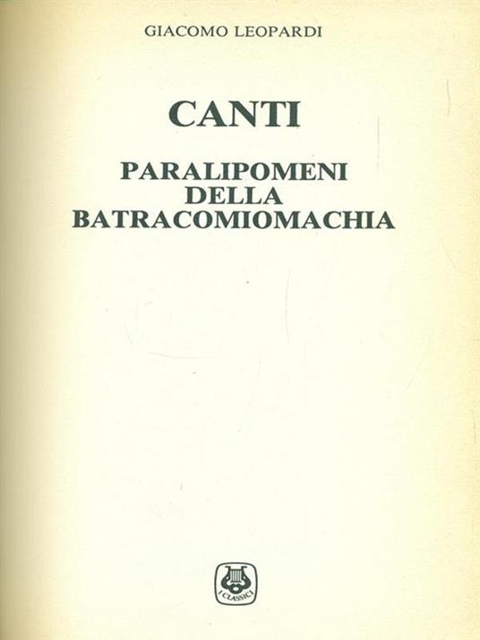 Canti paralipomeni della batracomiomachia - Giacomo Leopardi - copertina