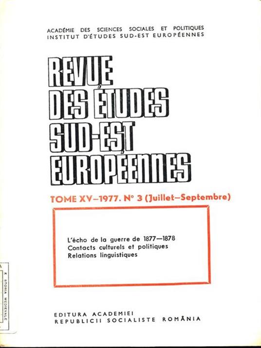 Revue des etudes sud-est europeennes. Tome XV, 1977. N. 3 juillet septembre - copertina