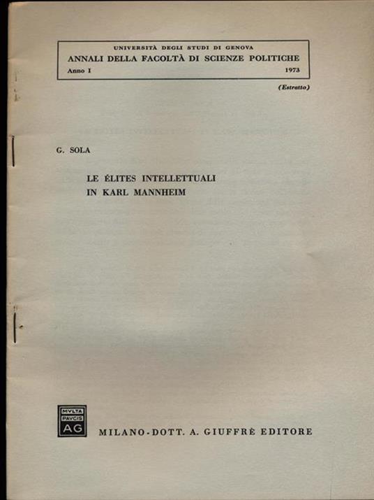 Le Elites intellettuali in Karl Mannheim. Estratto - copertina