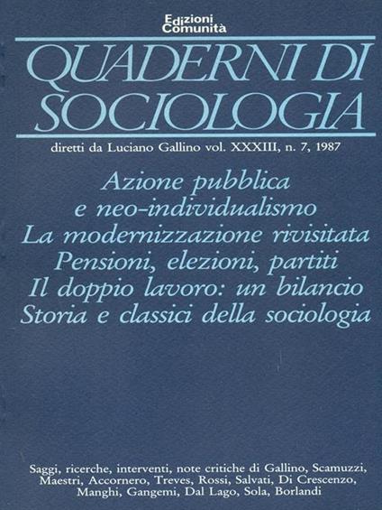 Quaderni di sociolocia Vol. XXXIII n.7. a987 - copertina