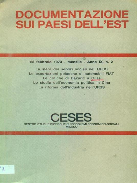 Documentazioe sui paesi dell'est / 28 febbraio 1973. anno IX. N 2 - copertina