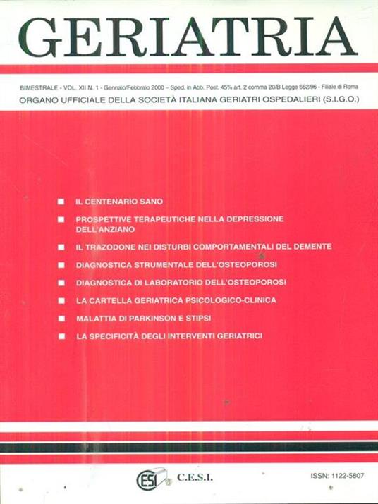 geriatria vol XII N 1. Gennaio-febbraio 2000 - copertina