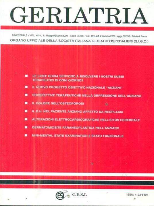 geriatria vol XII N 3. Maggio/giugno 2000 - copertina