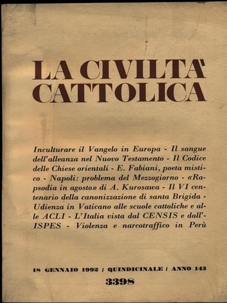 La civiltà cattolica 18 gennaio 1992 - copertina