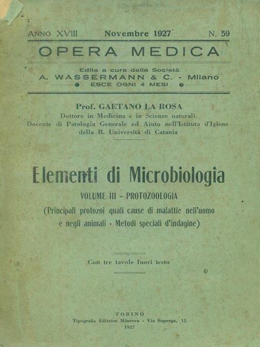 Opera medica n 59 / Novembre 1927 - Elementi di microbiologia vol III - copertina