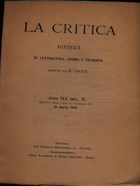 La critica anno XLI fasc. II/20 marzo 1943 - copertina