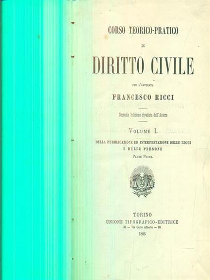 Corso teorico pratico di diritto civile vol I parte prima - Francesco Ricci - copertina