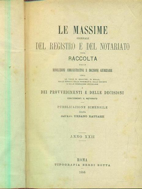 Le massime giornale del registro e del notariato anno XXII 1884 - copertina