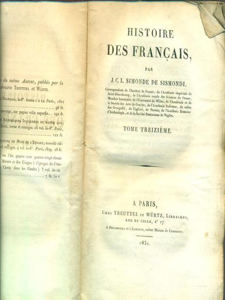 histoire des francais tome treizieme - Simonde de Sismondi - copertina