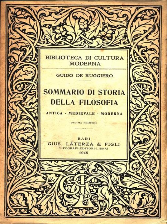 Sommario di Storia della Filosofia. Antica. Medievale. Moderna - Guido De Ruggiero - copertina