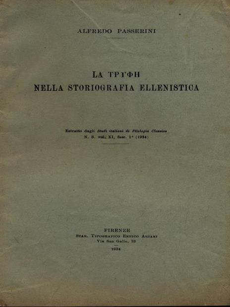 La Thyoh nella storiografia ellenistica. Estratto - Alfredo Passerini - copertina